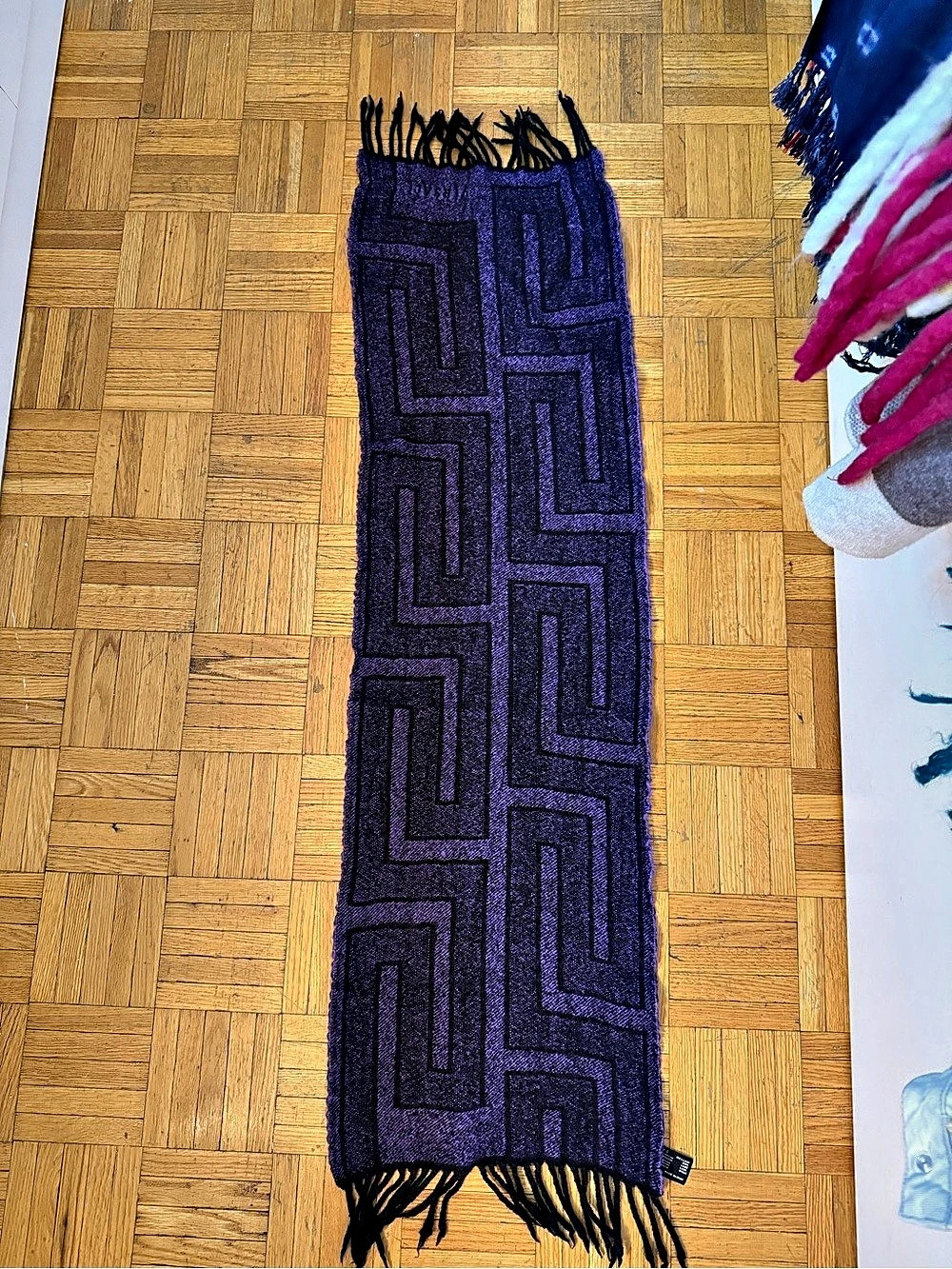 Versace Greek Key Wool Scarf in Purple & Black
